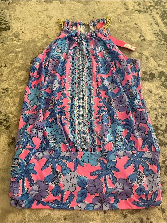 Lilly Pulitzer Tops - Lilly Pulitzer Pink Blue Purple Floral Halter Tank with Gold Chain